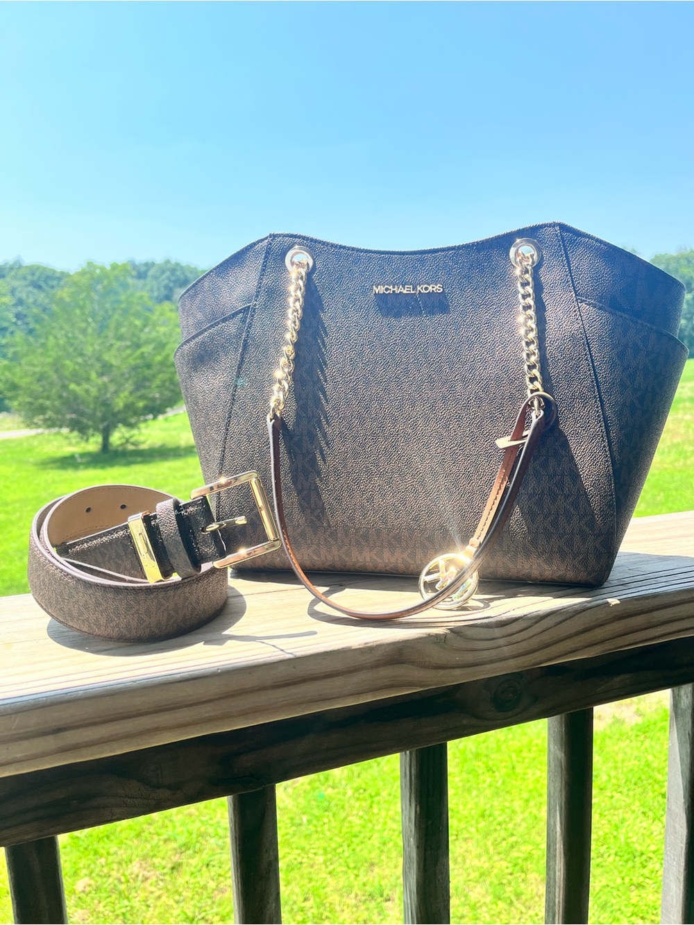 Michael Kors Jet Set Tote Bag + XL Logo Belt Brown Matching Set